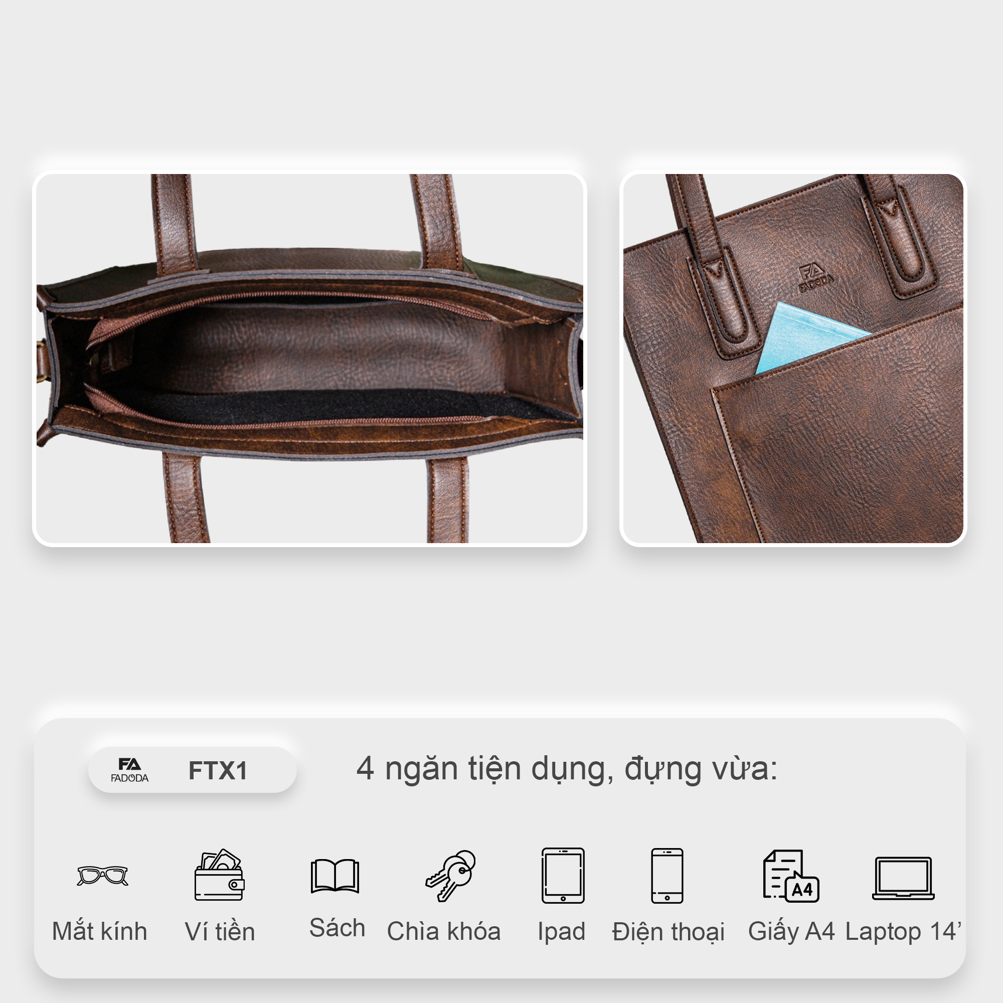 Mô tả Túi xách nữ công sở đa năng FADODA FTX1 đựng vừa laptop 14 inch và tài liệu khổ a4 - 5