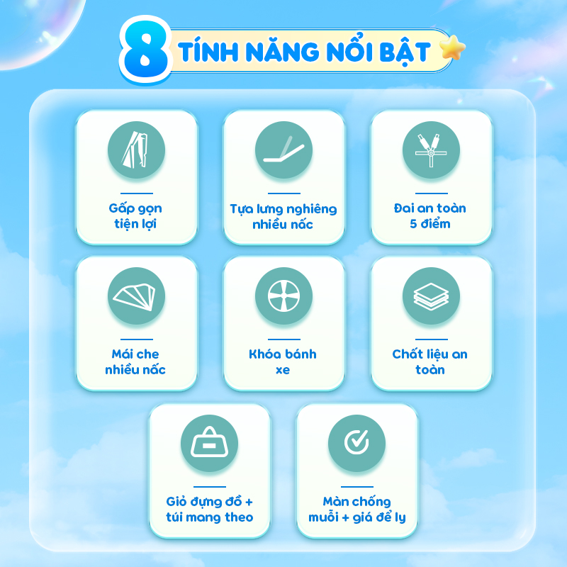 Mô tả Xe đẩy gấp gọn Chilux A320 - Mái che to nhiều nấc, khoá bánh xe an toàn - 1