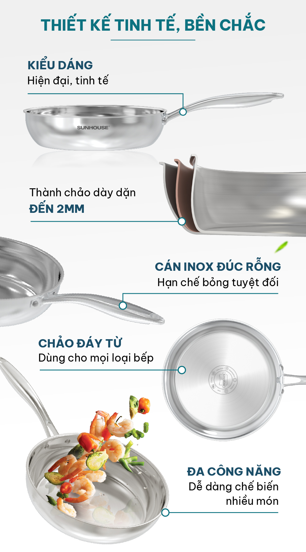 Mô tả Chảo inox 304 đa lớp cao cấp SUNHOUSE IN20-24-26M6E - 3 lớp nguyên khối - Cán rỗng hạn chế bỏng - 2