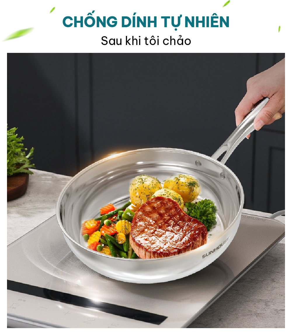 Mô tả Chảo inox 304 đa lớp cao cấp SUNHOUSE IN20-24-26M6E - 3 lớp nguyên khối - Cán rỗng hạn chế bỏng - 6