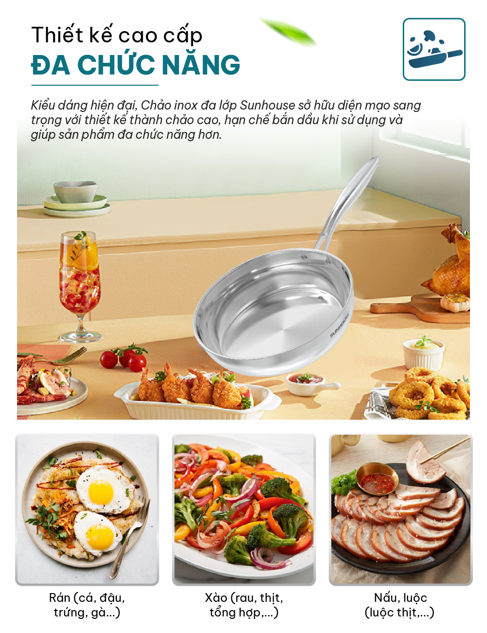 Mô tả Chảo inox 304 đa lớp cao cấp SUNHOUSE IN20-24-26M6E - 3 lớp nguyên khối - Cán rỗng hạn chế bỏng - 8