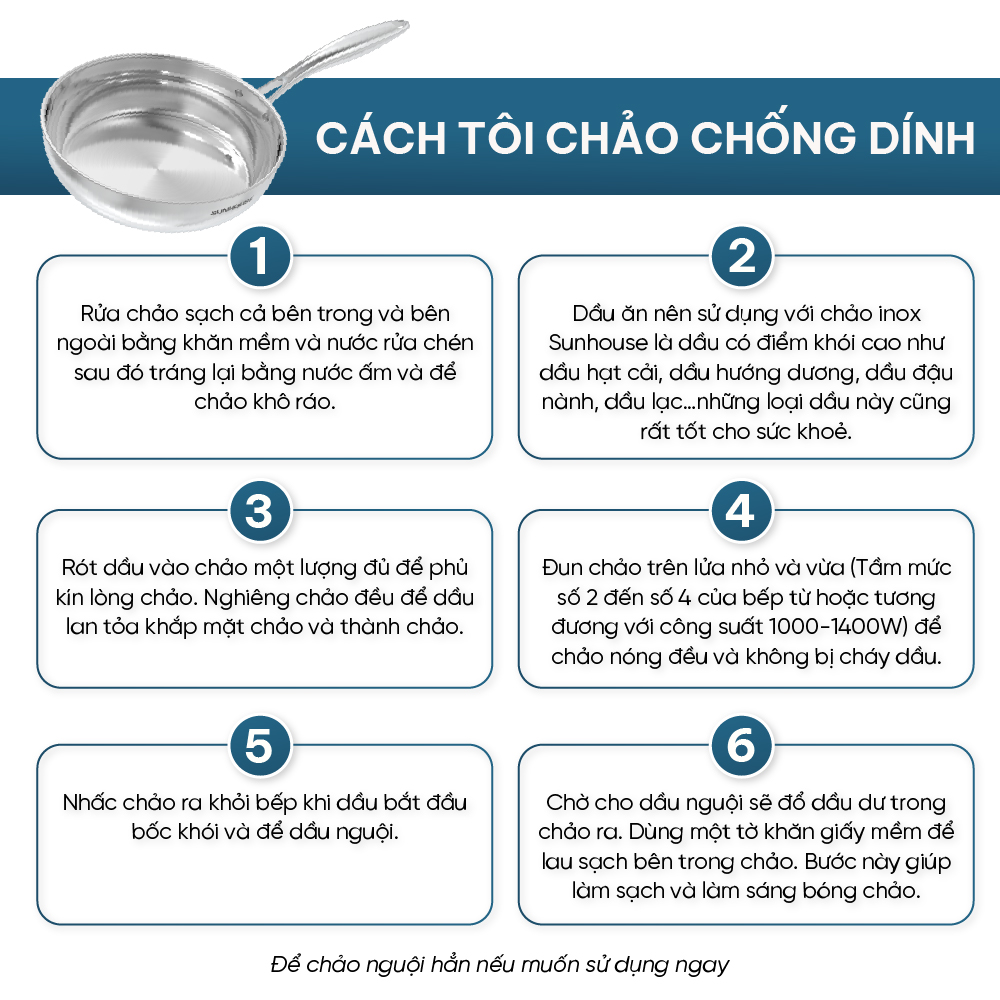 Mô tả Chảo inox 304 đa lớp cao cấp SUNHOUSE IN20-24-26M6E - 3 lớp nguyên khối - Cán rỗng hạn chế bỏng - 9