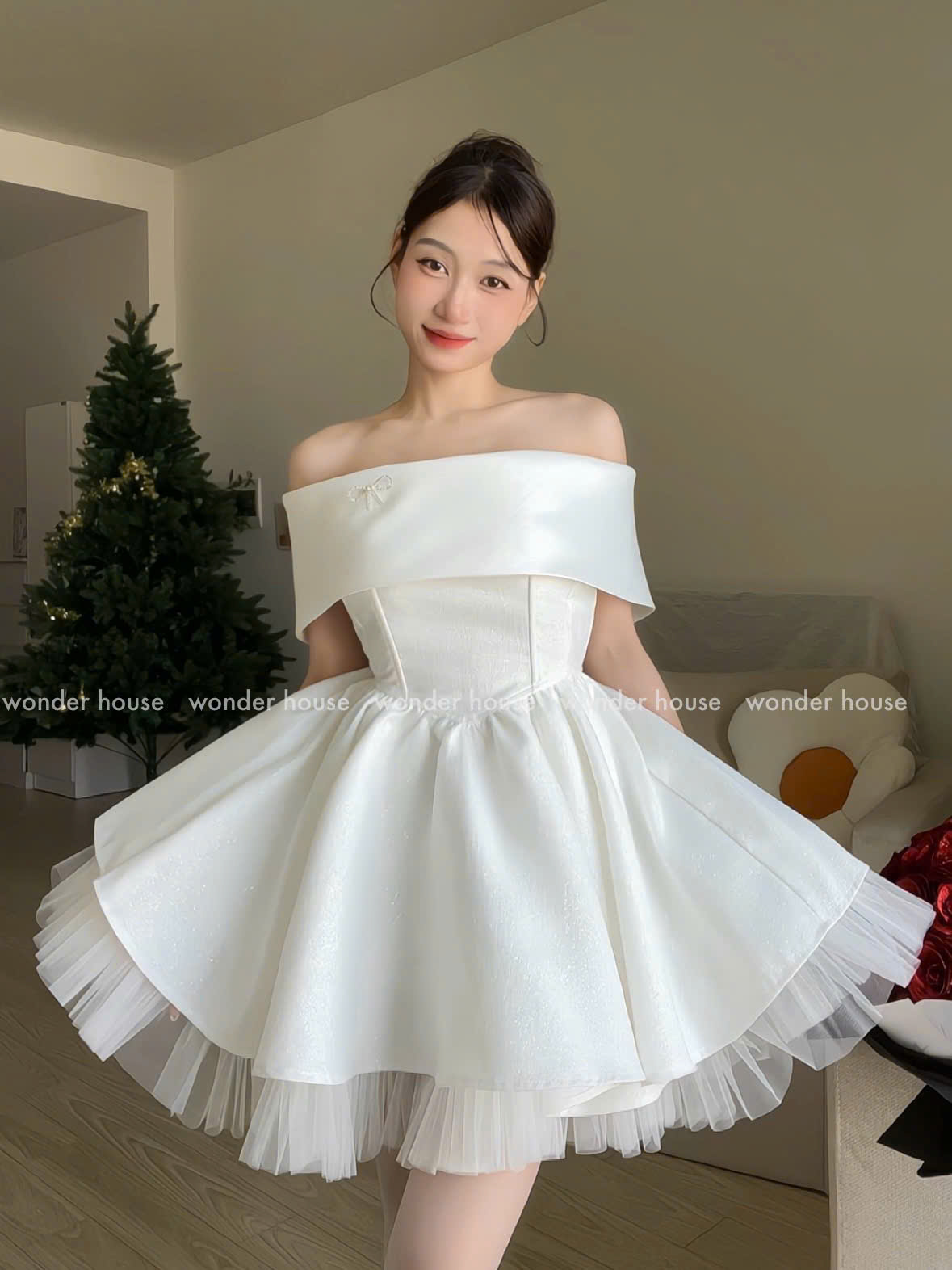 Mô tả Bling Bling Dress Wonderhouse Đầm trễ vai tùng xòe chất vải kim tuyến dự tiệc - 3