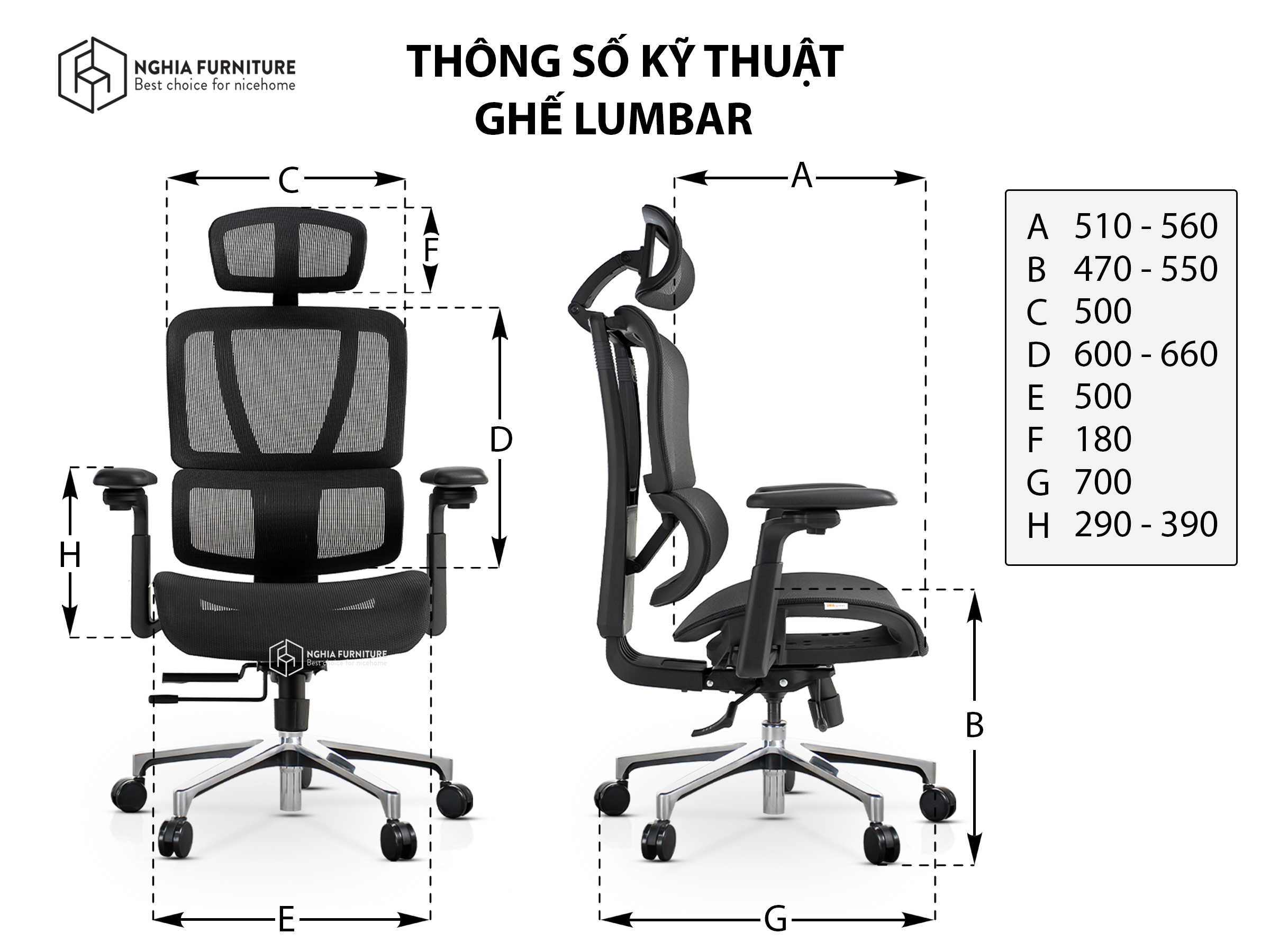 Mô tả Ghế văn phòng công thái học Nghiafurniture Lumbar full tính năng bá đạo, lưới Wintex, Piston class 4 - 5