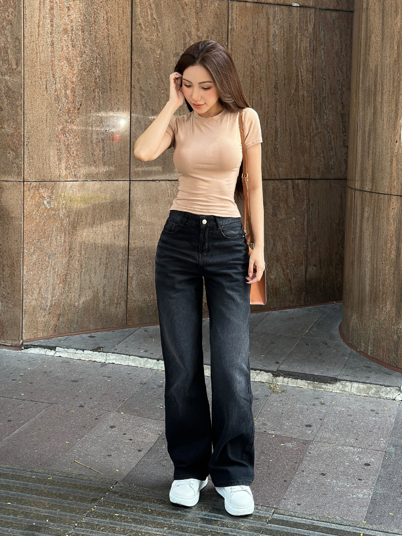 Mô tả Quần jean nữ ống suông rộng đen trơn basic wash trắng TiQi Jeans B320 - 2