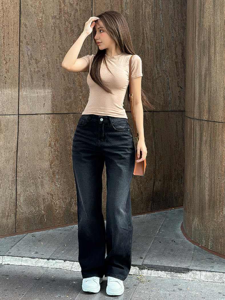Mô tả Quần jean nữ ống suông rộng đen trơn basic wash trắng TiQi Jeans B320 - 3