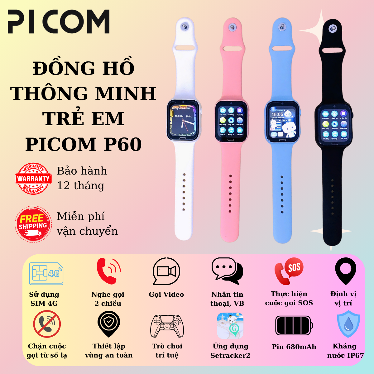 Đồng Hồ Thông Minh PICOM P60 Hỗ Trợ Định Vị Vị Trí Nghe Gọi 2 Chiều Chống  Nước