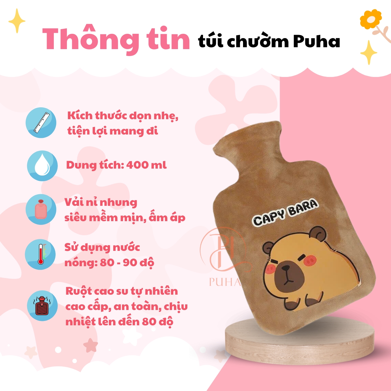 Mô tả Set quà túi chườm ấm bụng ngày dâu Puha 400ml  Capybara phiên bản quà tặng bạn gái ý nghĩa - 2