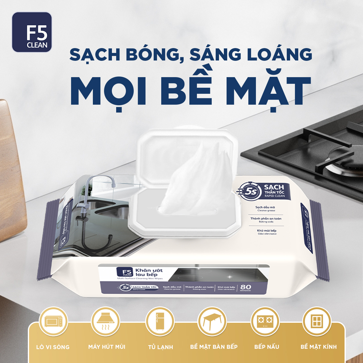 Mô tả MUA 2 gói Khăn ướt lau bếp cao cấp 80 tờ F5 CLEAN TẶNG 1 can nước rửa chén 3,8kg - 1