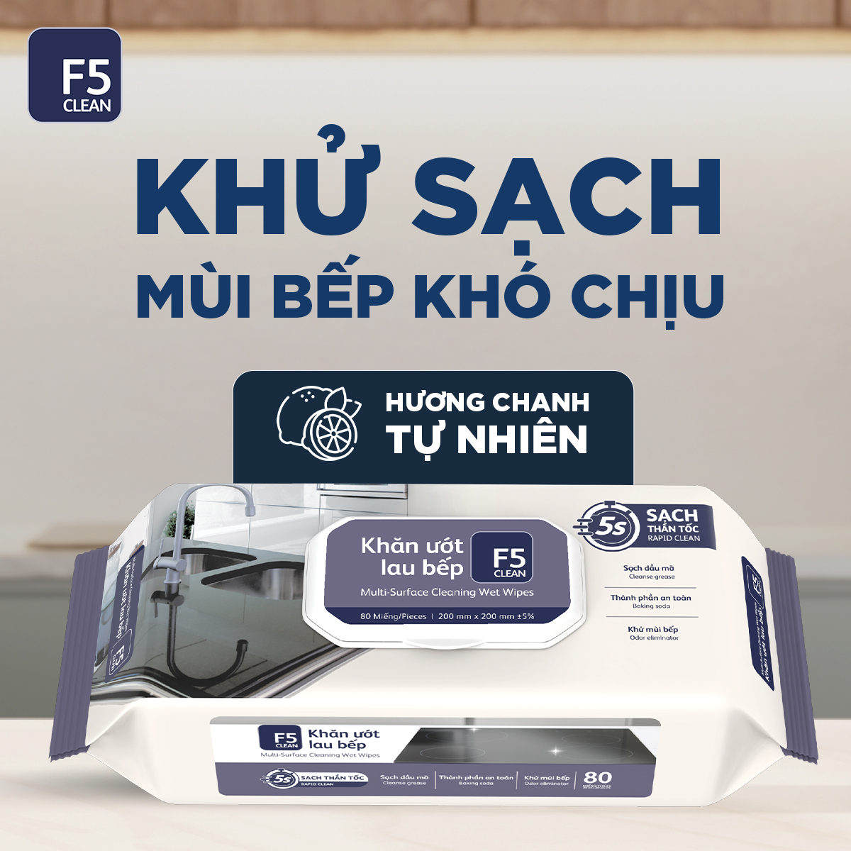 Mô tả MUA 2 gói Khăn ướt lau bếp cao cấp 80 tờ F5 CLEAN TẶNG 1 can nước rửa chén 3,8kg - 2