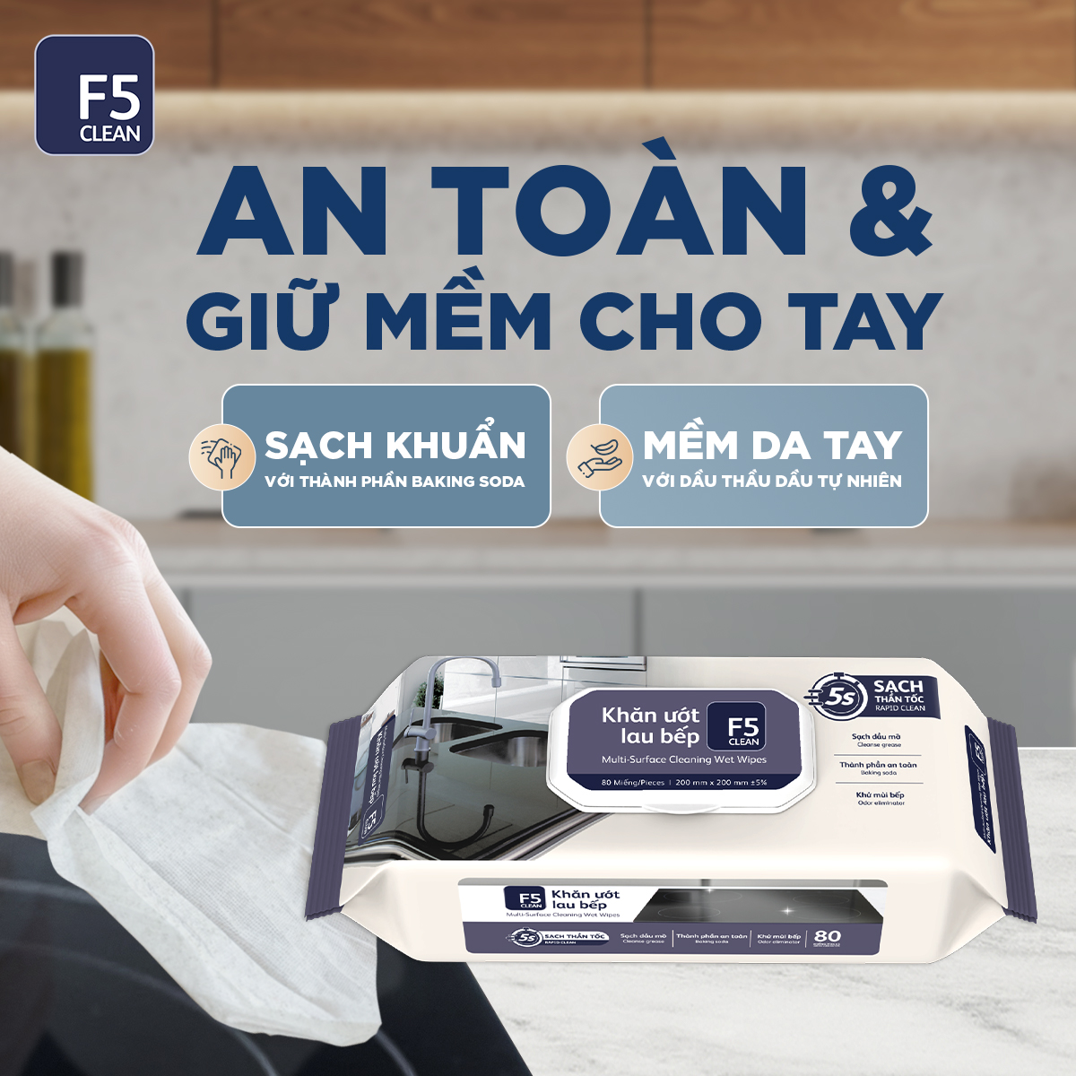 Mô tả MUA 2 gói Khăn ướt lau bếp cao cấp 80 tờ F5 CLEAN TẶNG 1 can nước rửa chén 3,8kg - 3
