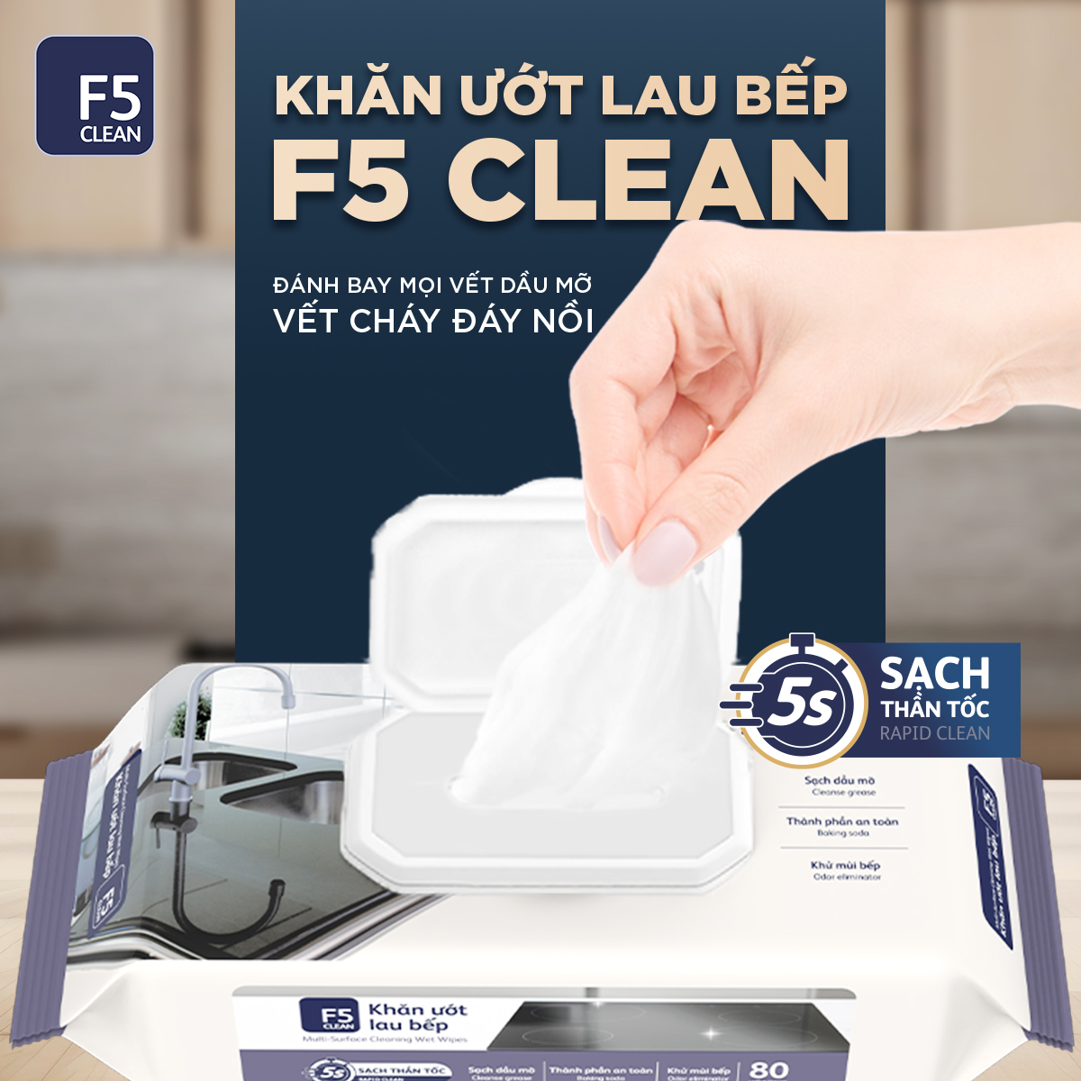 Mô tả MUA 2 gói Khăn ướt lau bếp cao cấp 80 tờ F5 CLEAN TẶNG 1 can nước rửa chén 3,8kg - 4