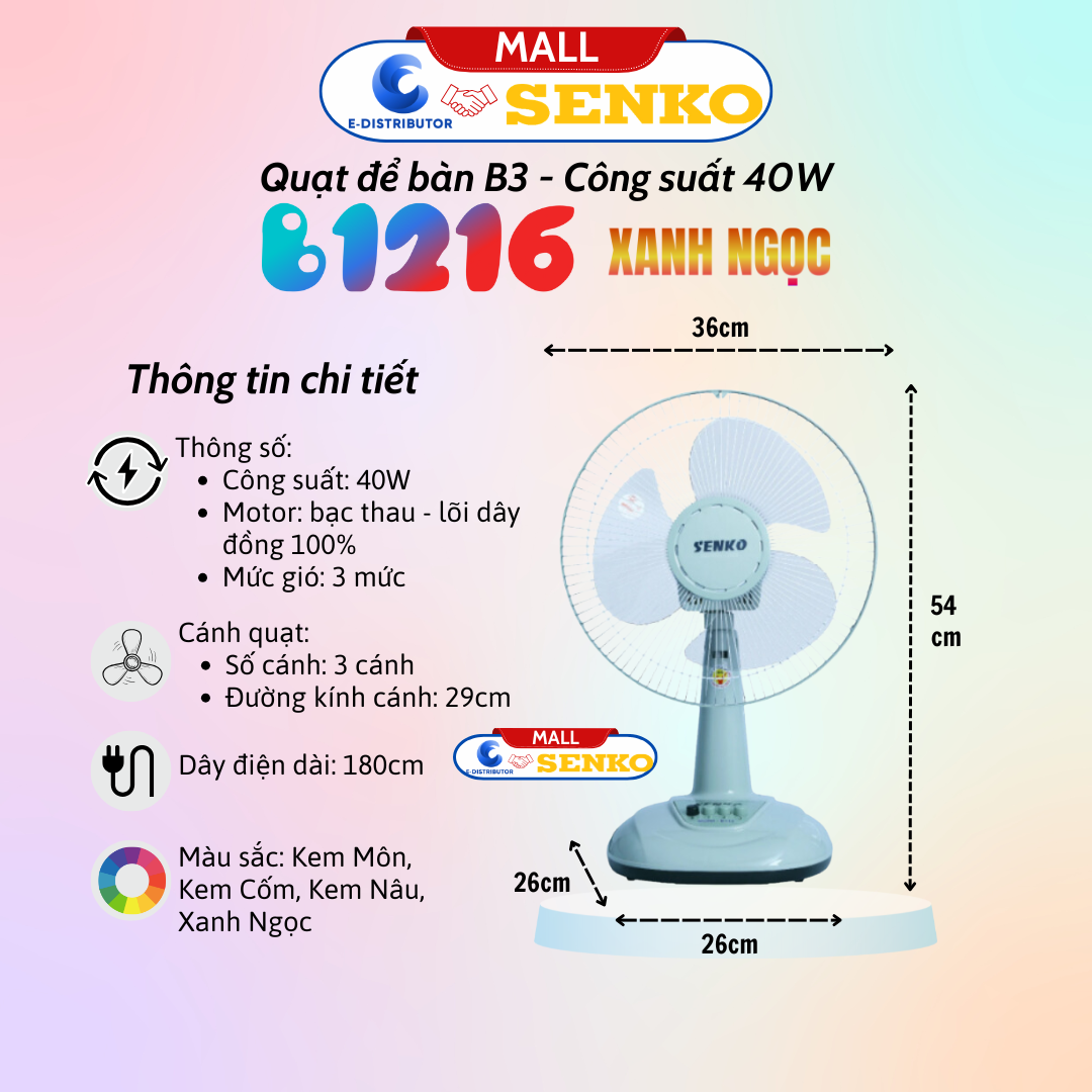 Mô tả Quạt để bàn tiện lợi Senko B1216 - 100% chính hãng - 2