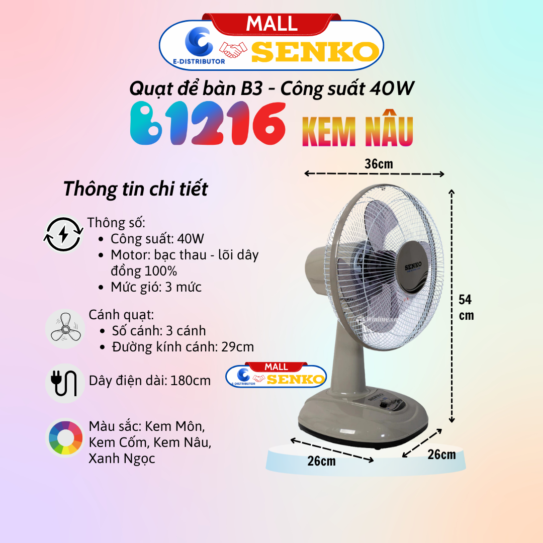 Mô tả Quạt để bàn tiện lợi Senko B1216 - 100% chính hãng - 3