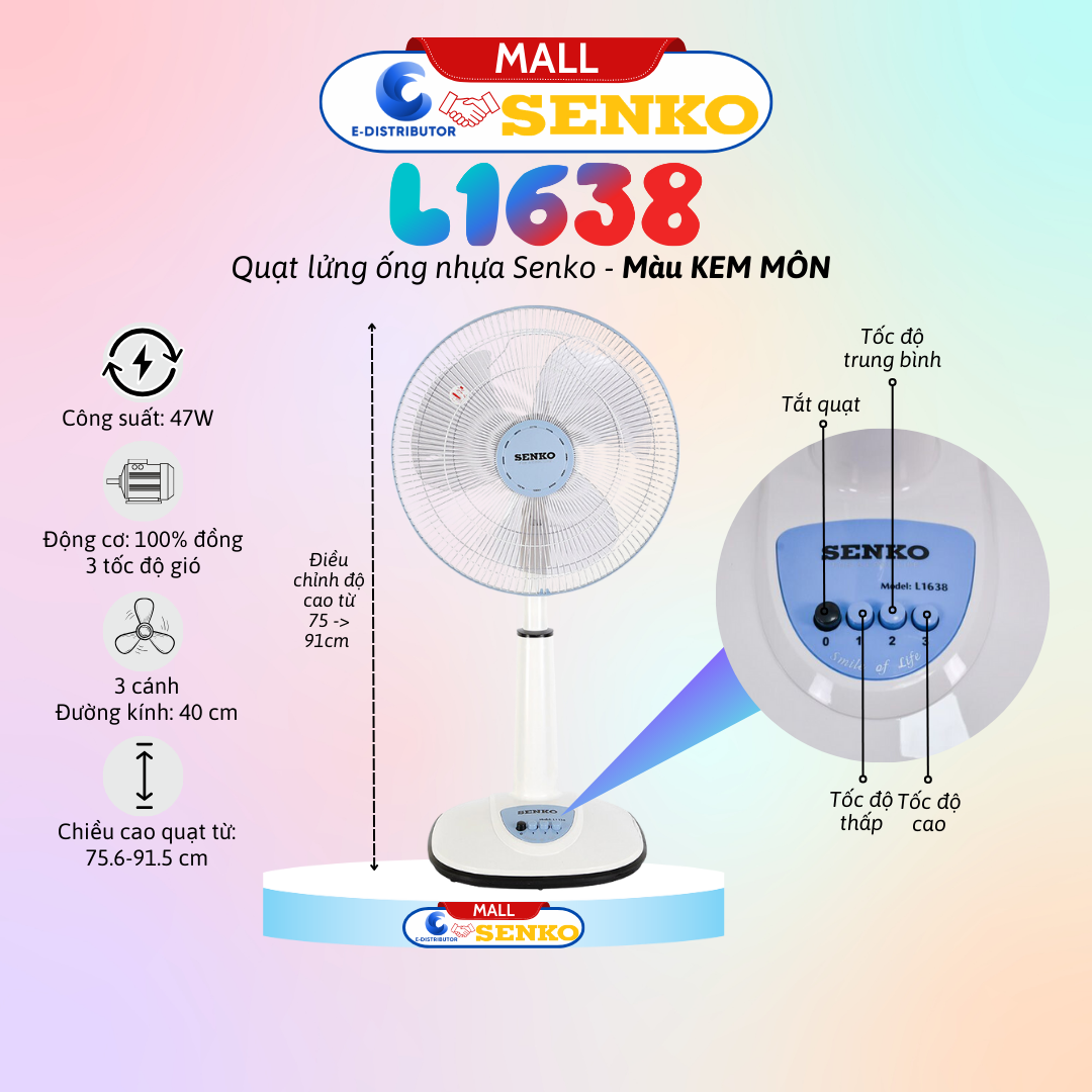 Mô tả Quạt lửng ống nhựa Senko L1638 - Công suất 47W - Màu tuỳ chọn - Hàng chính hãng - Bảo hành 24 tháng - 1