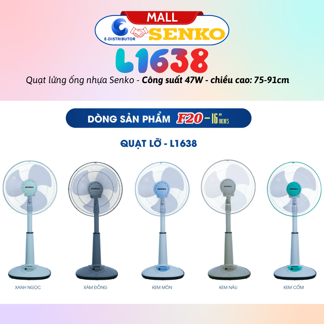 Mô tả Quạt lửng ống nhựa Senko L1638 - Công suất 47W - Màu tuỳ chọn - Hàng chính hãng - Bảo hành 24 tháng - 2