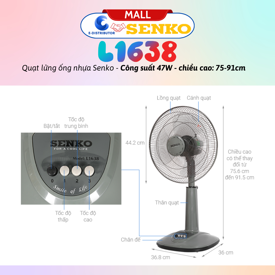 Mô tả Quạt lửng ống nhựa Senko L1638 - Công suất 47W - Màu tuỳ chọn - Hàng chính hãng - Bảo hành 24 tháng - 3