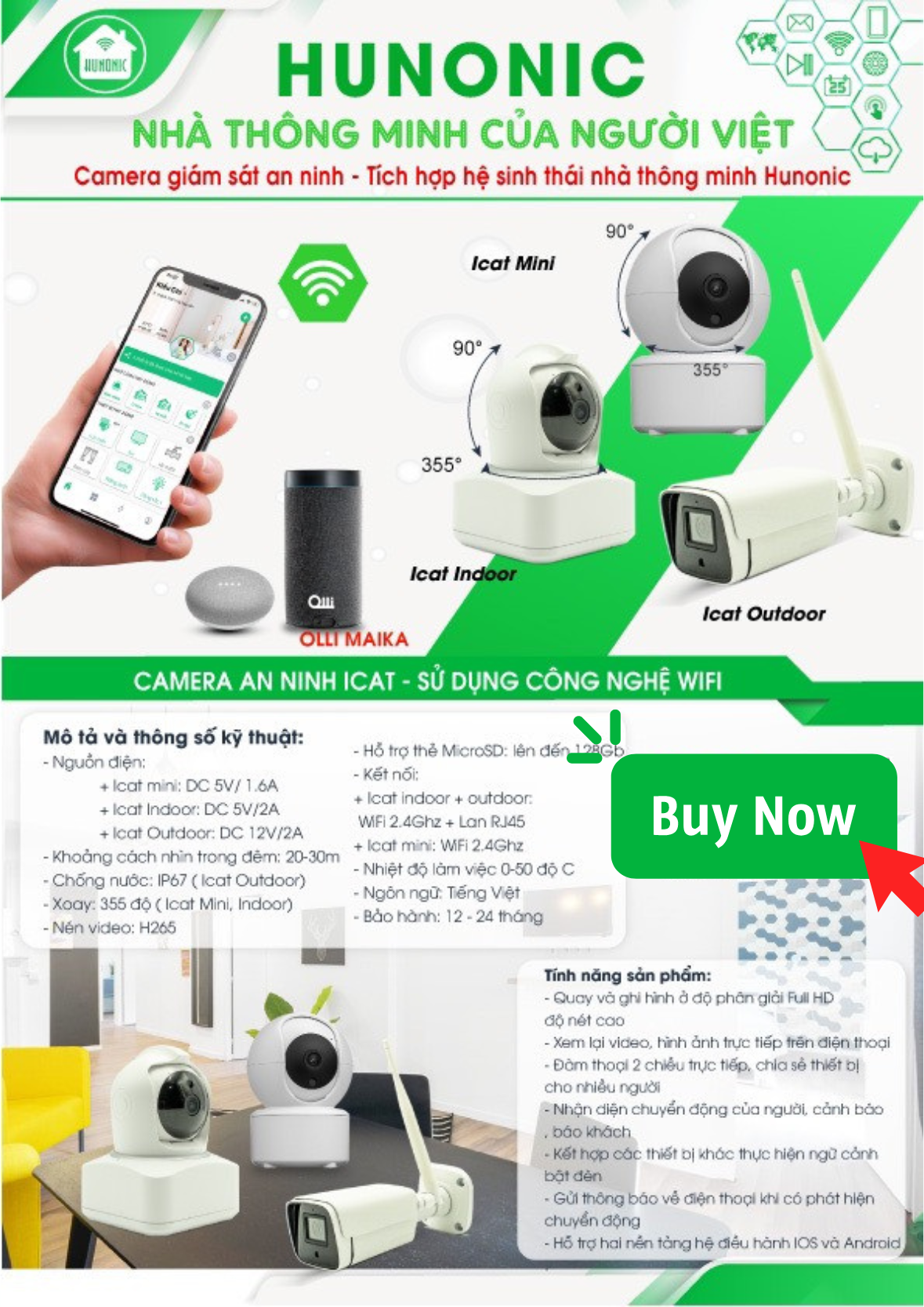 Camera Wifi Hunonic Icat 1080P Xoay 360 Độ, Theo Dõi Chuyển Động, Đàm ...