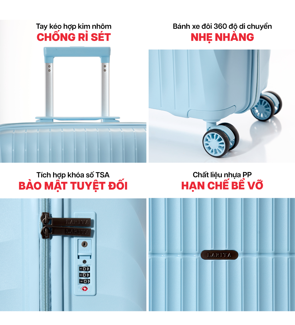 Mô tả Vali Kéo MIAvn Larita JUDEN - Size 20/24/28, Nhựa PP Siêu Bền, Hạn Chế Va Đập, Khoá TSA, Bảo Hành Trọn Đời - 4