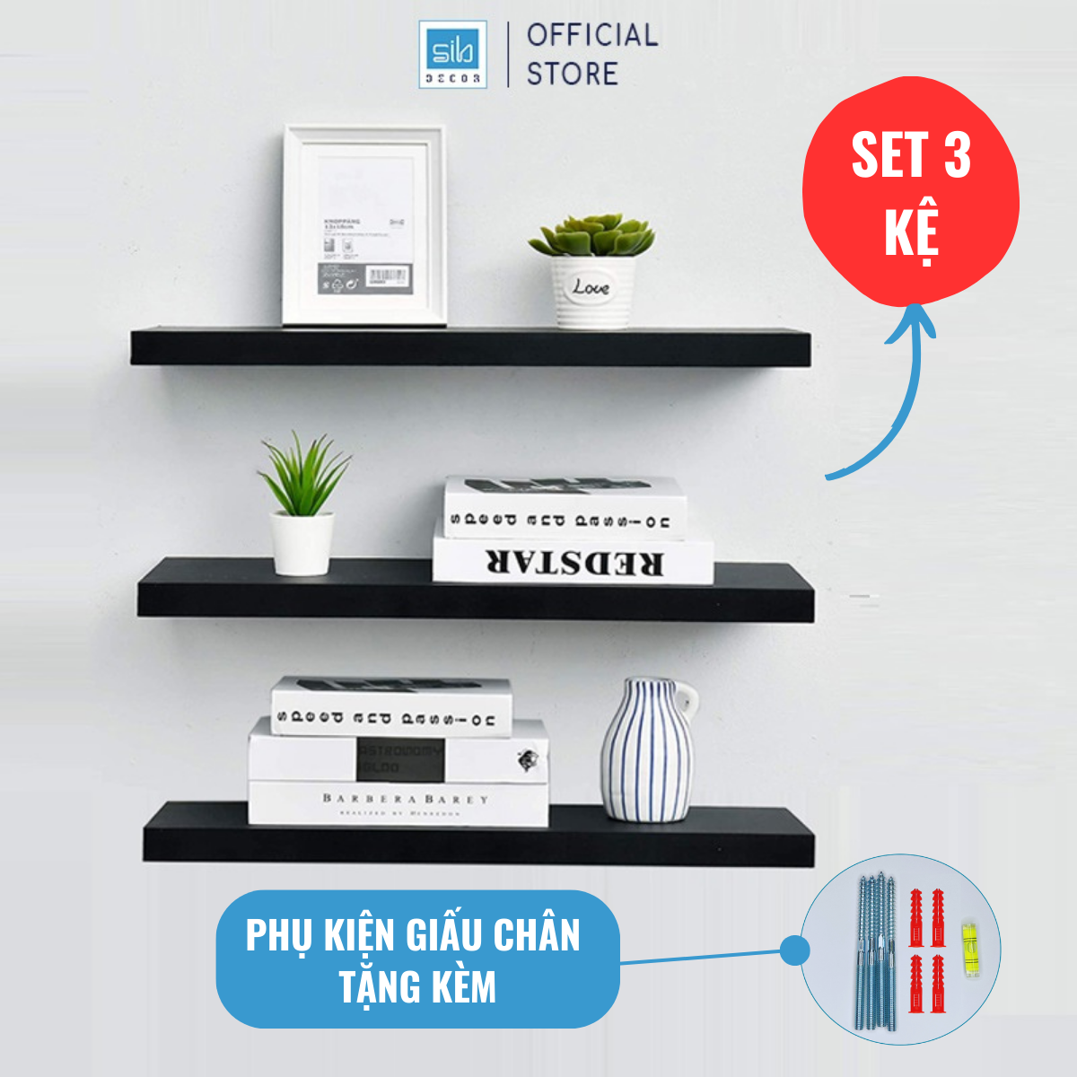 Mô tả Set 3 Kệ Treo Tường Thanh Ngang Rộng 20cm, Gỗ Dày 25mm Chống Ẩm SIB Decor KT005 - 1