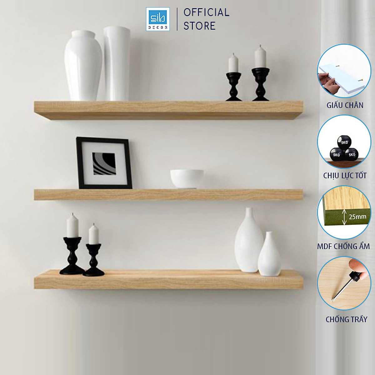Mô tả Set 3 Kệ Treo Tường Thanh Ngang Rộng 20cm, Gỗ Dày 25mm Chống Ẩm SIB Decor KT005 - 2
