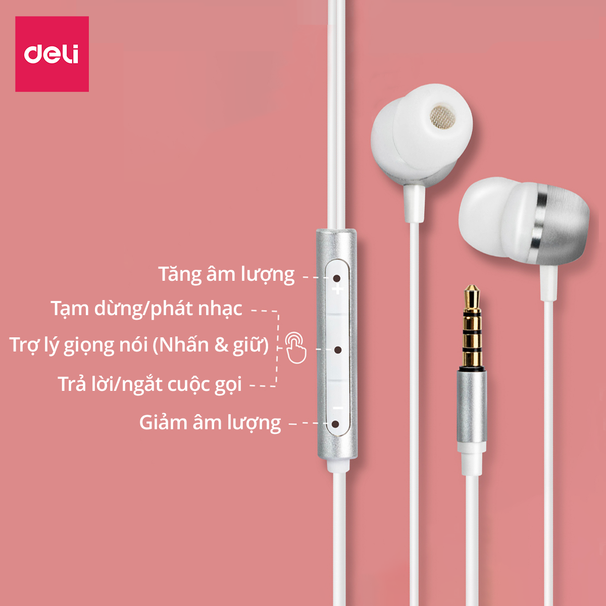Mô tả Tai Nghe Chống Ồn DELI Chân Cắm 3.5mm Tiện Dụng, Nút Điều Khiển Tăng Giảm Âm Lượng Tai Nghe In-Ear - 3