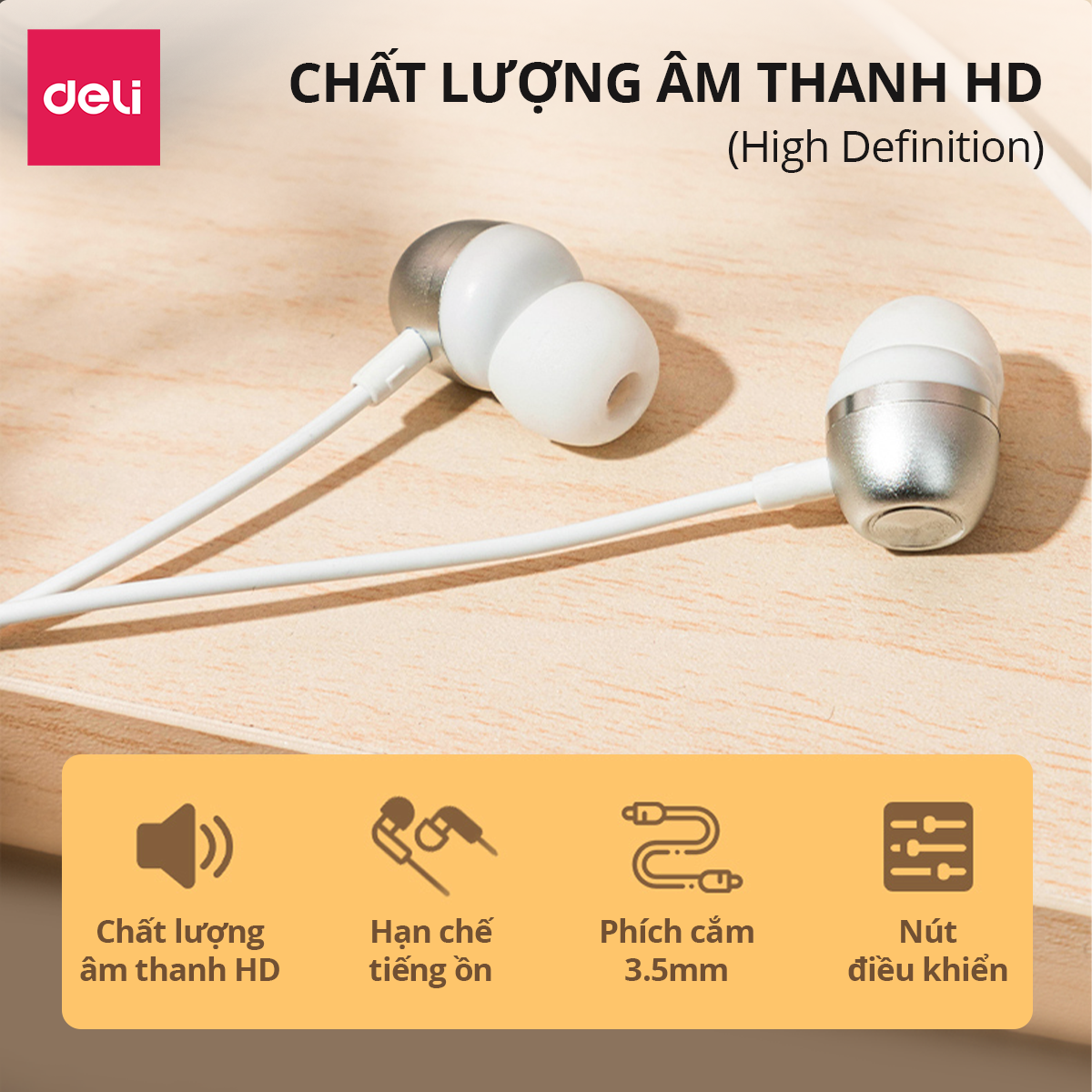 Mô tả Tai Nghe Chống Ồn DELI Chân Cắm 3.5mm Tiện Dụng, Nút Điều Khiển Tăng Giảm Âm Lượng Tai Nghe In-Ear - 6