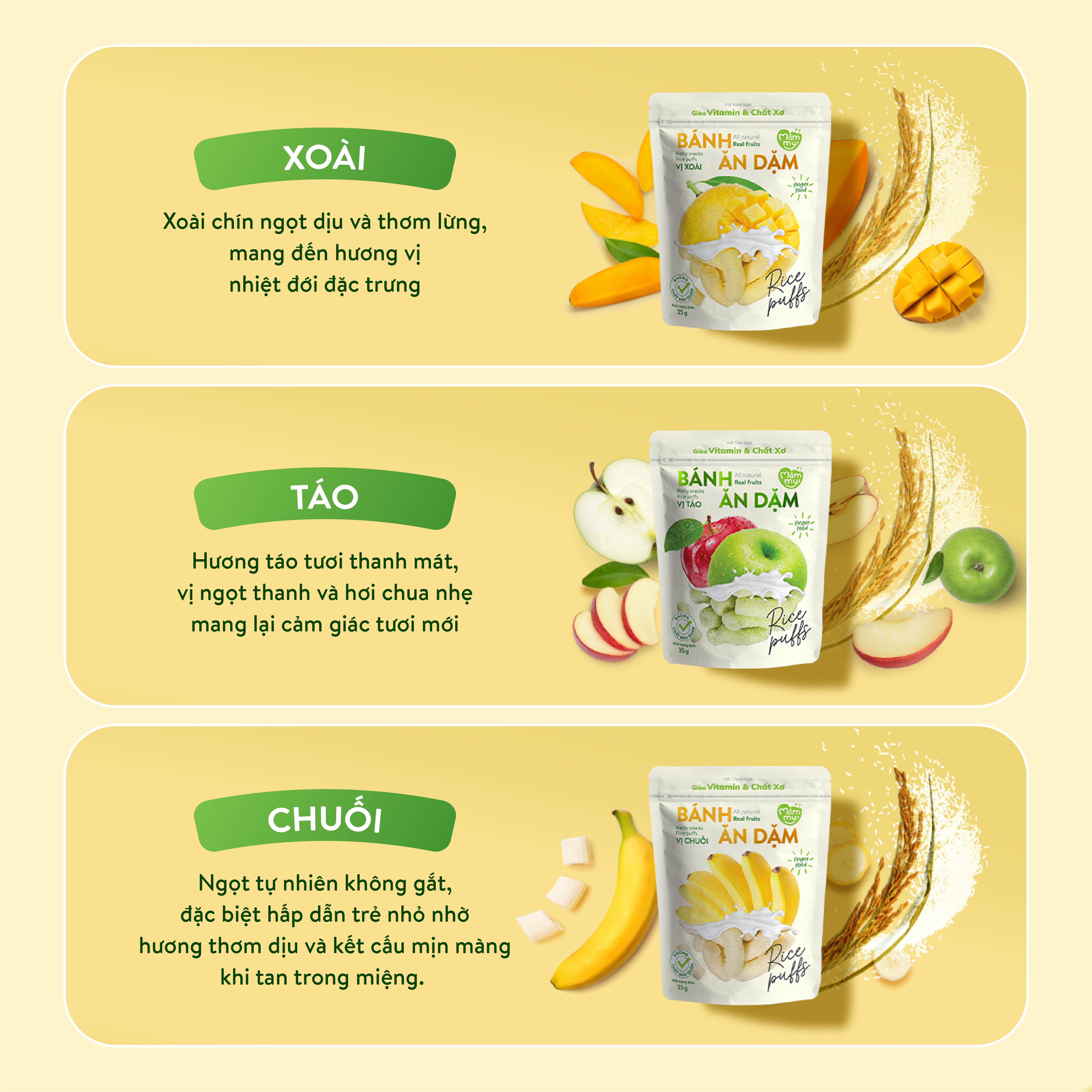 Mô tả Bánh ăn dặm Mămmy vị trái cây giàu vitamin và chất xơ thiết kế chống hóc, dạng que ngắn cho bé từ 6 tháng - 6