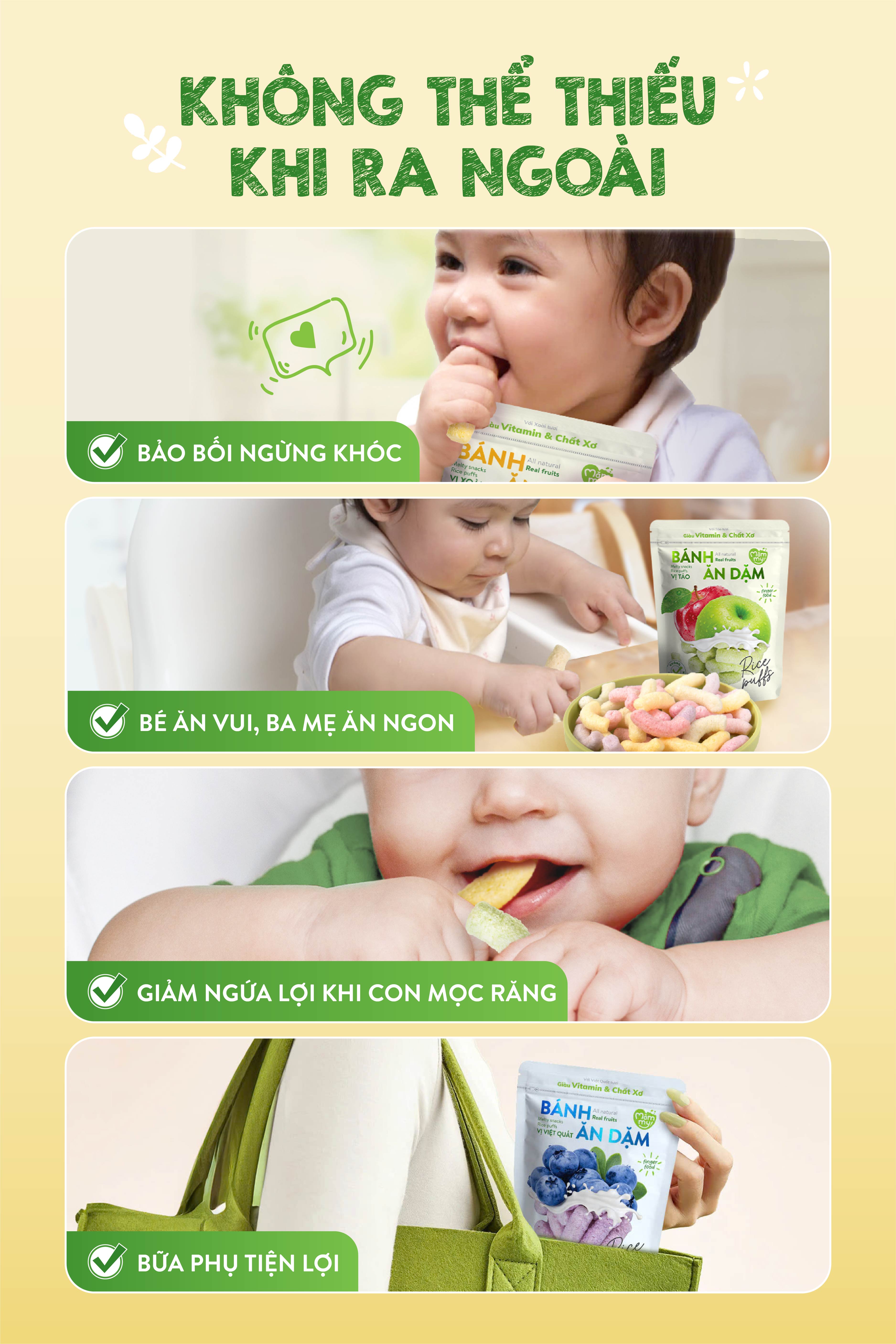 Mô tả Bánh ăn dặm Mămmy vị trái cây giàu vitamin và chất xơ thiết kế chống hóc, dạng que ngắn cho bé từ 6 tháng - 8