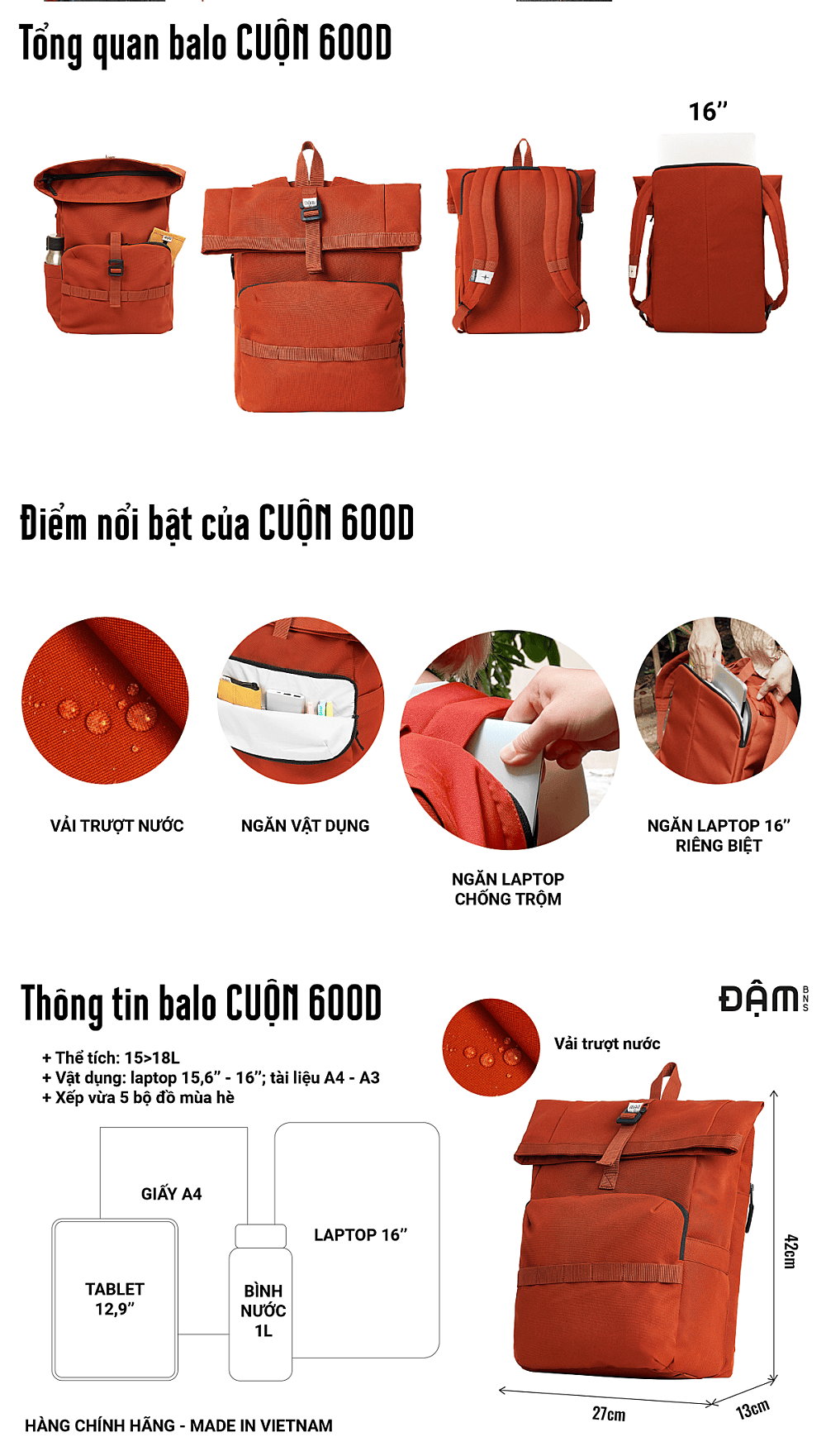 Mô tả ĐẬM BNS balo du lịch thời trang kháng nước ngăn laptop 16inch nắp CUỘN A4 - 4