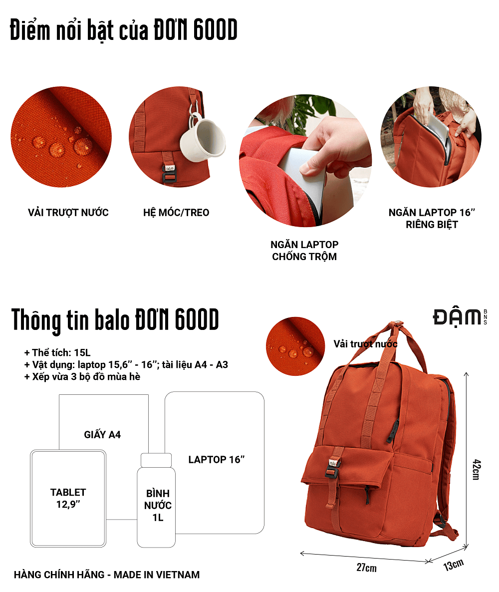 Mô tả ĐẬM BNS balo du lịch thời trang kháng nước ngăn laptop 16inch ĐƠN A4 - 4