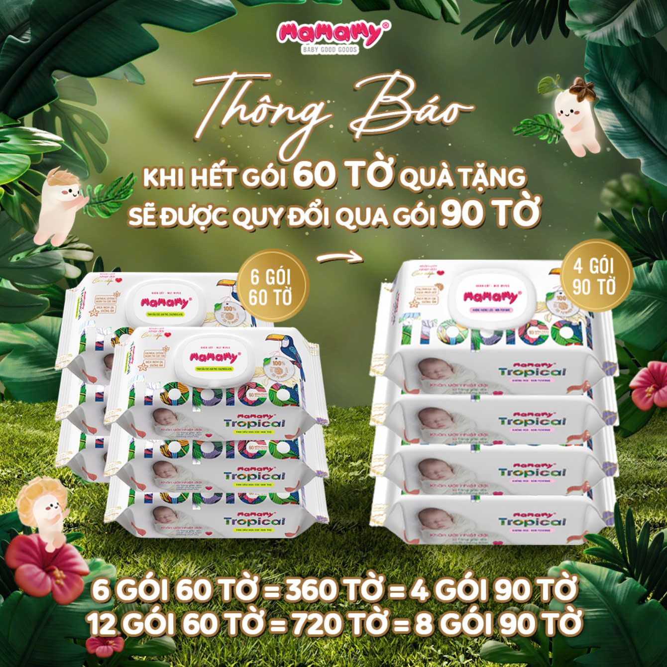 Mô tả -Khăn giấy ướt cao cấp cho bé Mamamy 100% sợi tự nhiên và rayon Tropical gói 90tờ tặng 60tờ, mềm, dai, sạch cực - 1