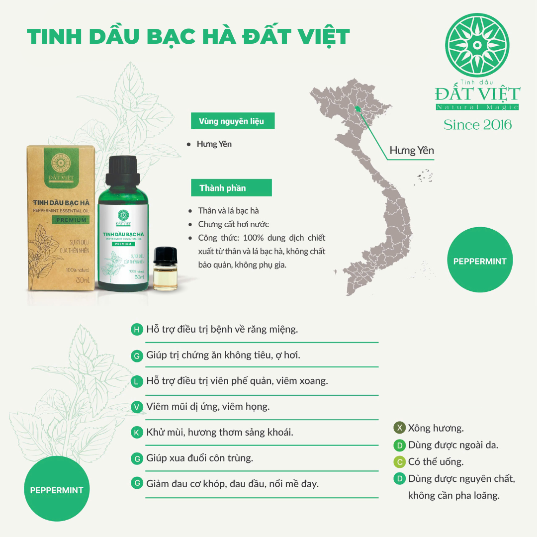 Mô tả Tinh dầu nguyên chất Đất Việt - Hương Tràm Huế, Sả chanh, bưởi, Bạc hà (4 mùi) - 2
