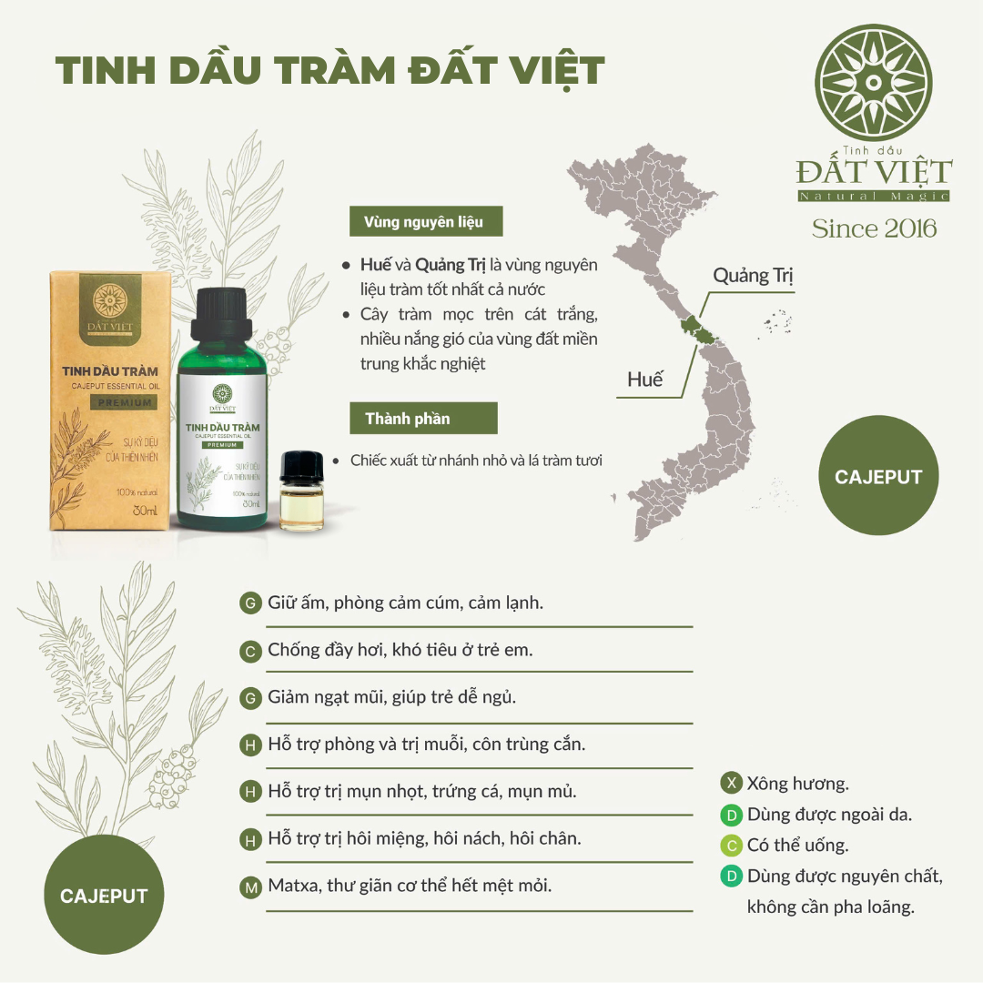Mô tả Tinh dầu nguyên chất Đất Việt - Hương Tràm Huế, Sả chanh, bưởi, Bạc hà (4 mùi) - 3