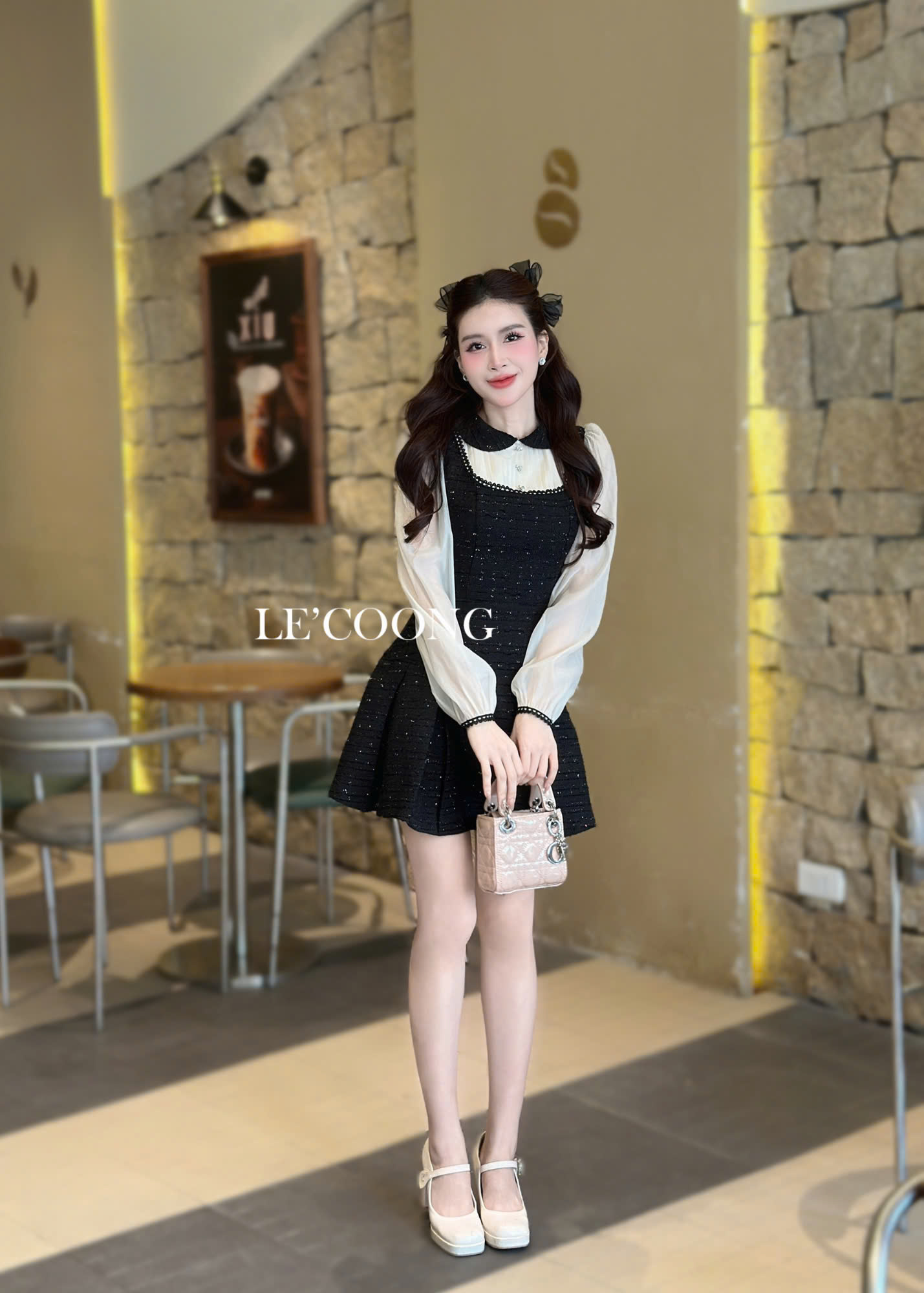 Mô tả Váy Dạ Tweed Dáng Ngắn Phối Voan Tơ  LECOONG V696 Đầm ĐẹpTiểu Thư Màu Be Đen Xanh Đỏ - 1