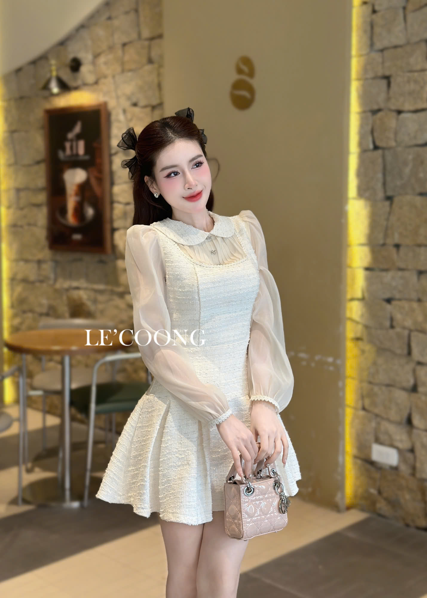 Mô tả Váy Dạ Tweed Dáng Ngắn Phối Voan Tơ  LECOONG V696 Đầm ĐẹpTiểu Thư Màu Be Đen Xanh Đỏ - 2