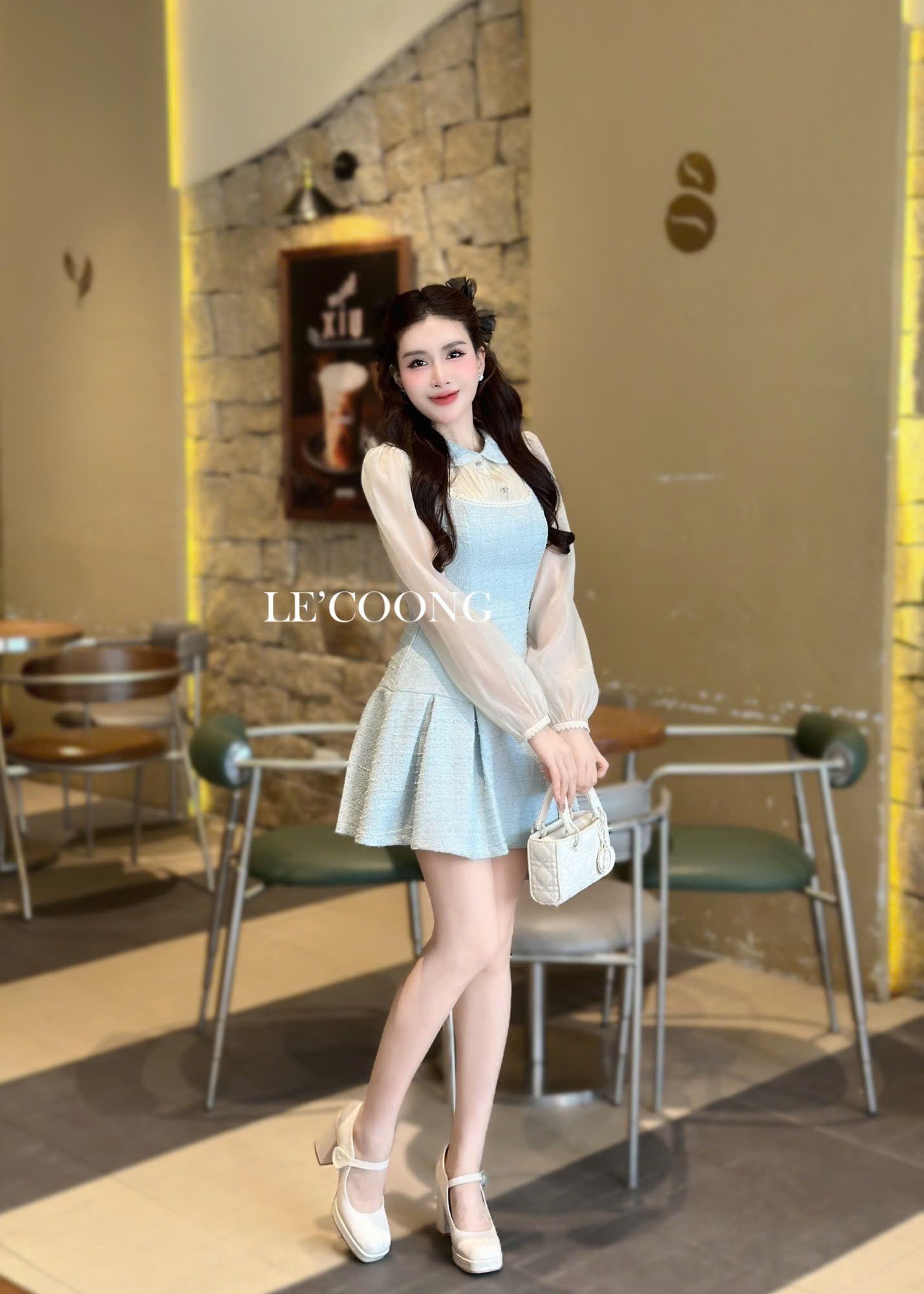 Mô tả Váy Dạ Tweed Dáng Ngắn Phối Voan Tơ  LECOONG V696 Đầm ĐẹpTiểu Thư Màu Be Đen Xanh Đỏ - 3