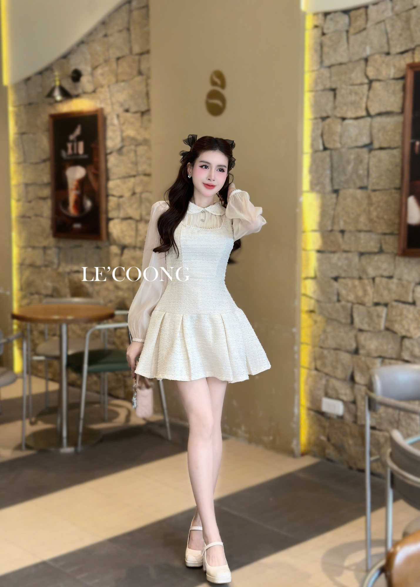 Mô tả Váy Dạ Tweed Dáng Ngắn Phối Voan Tơ  LECOONG V696 Đầm ĐẹpTiểu Thư Màu Be Đen Xanh Đỏ - 5