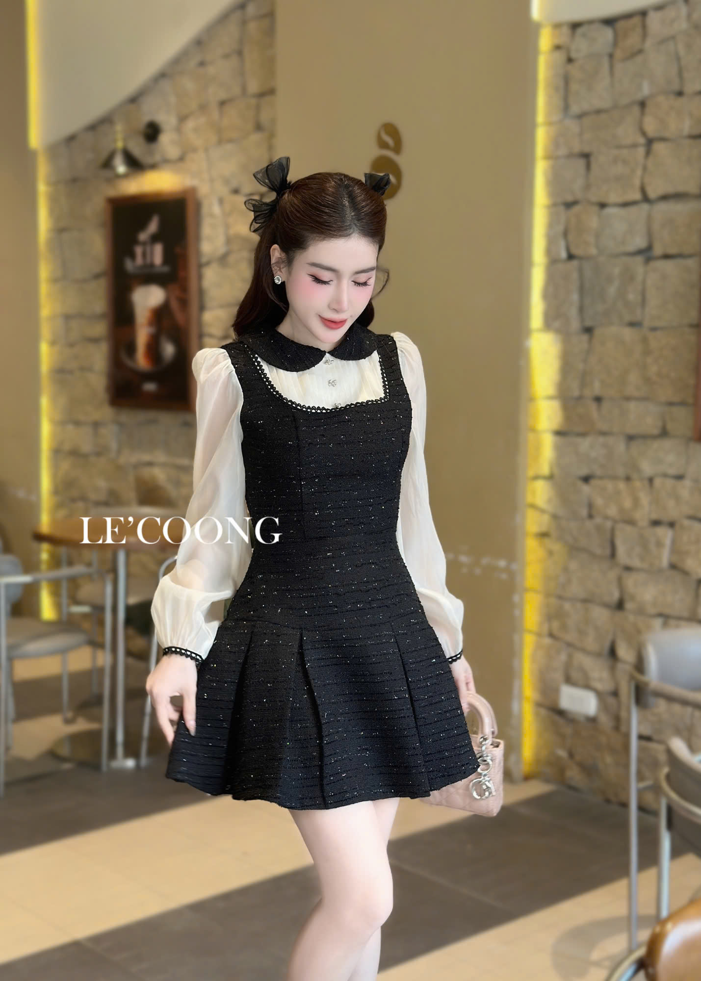 Mô tả Váy Dạ Tweed Dáng Ngắn Phối Voan Tơ  LECOONG V696 Đầm ĐẹpTiểu Thư Màu Be Đen Xanh Đỏ - 6