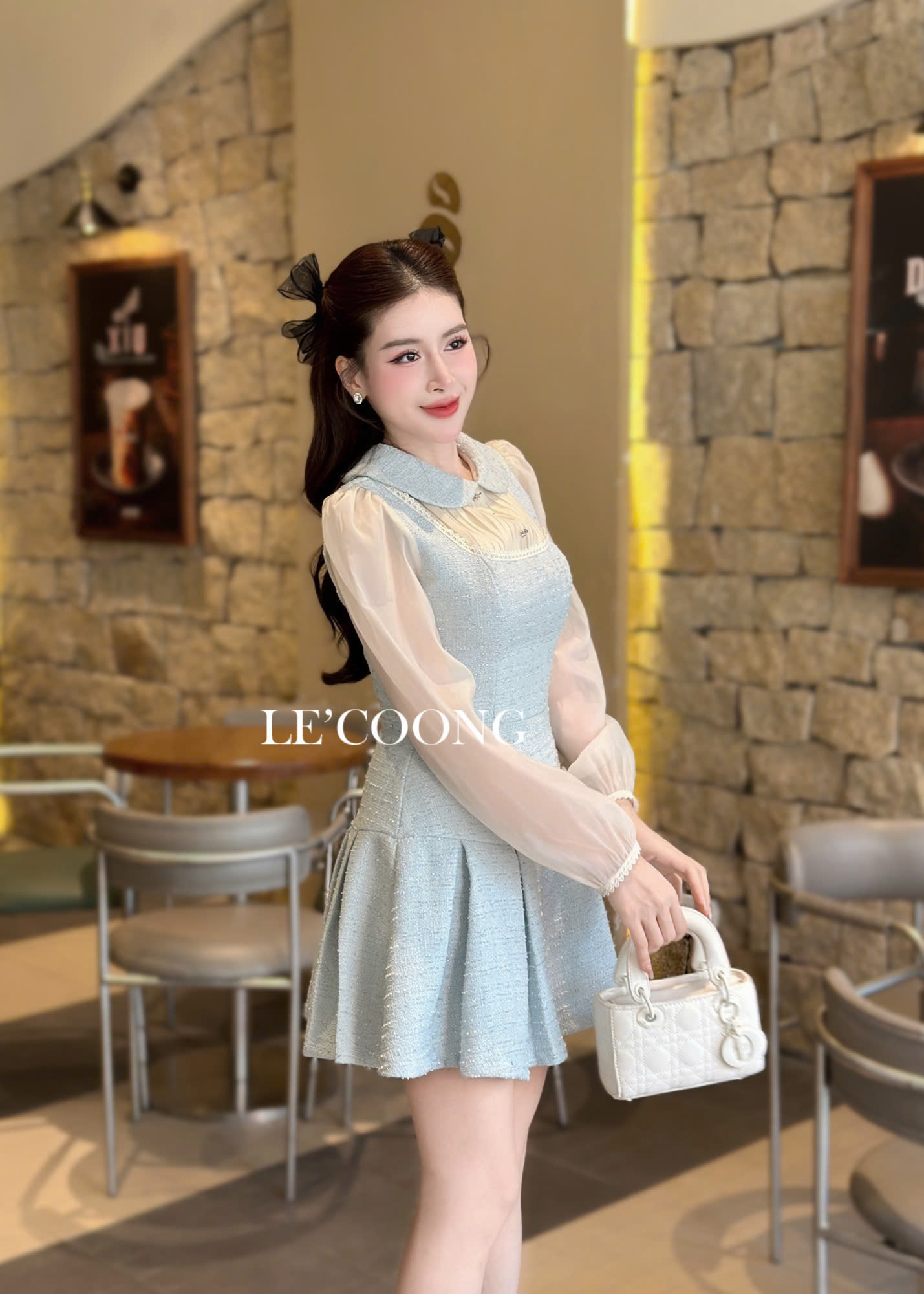 Mô tả Váy Dạ Tweed Dáng Ngắn Phối Voan Tơ  LECOONG V696 Đầm ĐẹpTiểu Thư Màu Be Đen Xanh Đỏ - 7