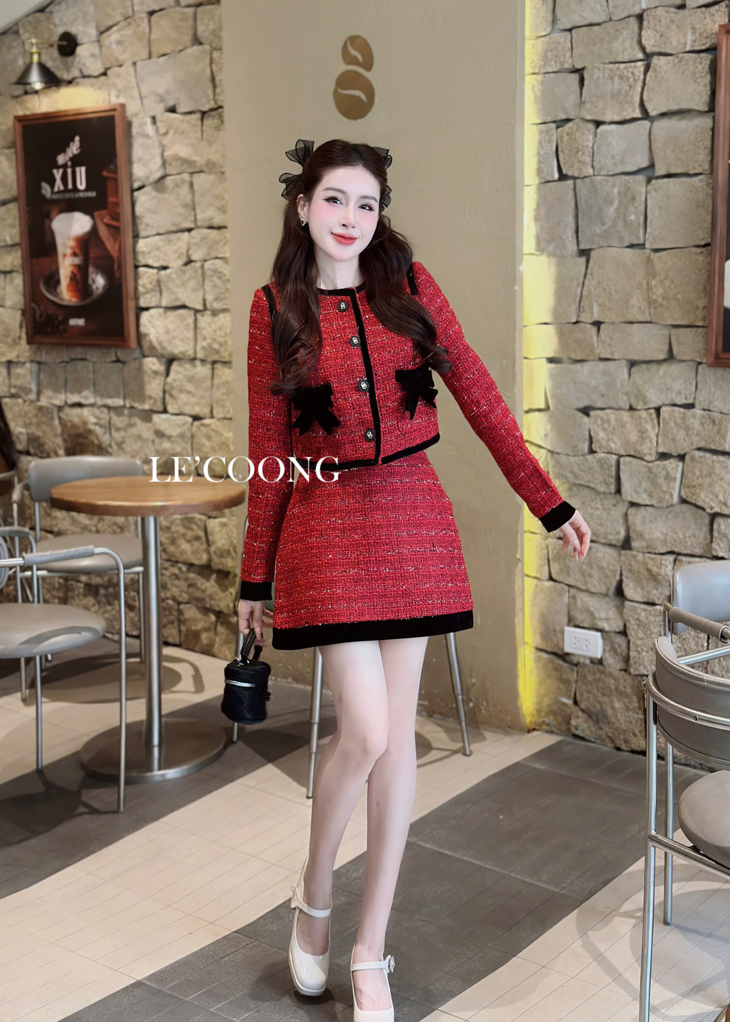 Mô tả Set Dạ Tweed Dáng Ngắn Hai Màu Đỏ Nâu Phối Nhung LECOONG B175 Đầm Đẹp Tiểu Thư Sang Chảnh - 5