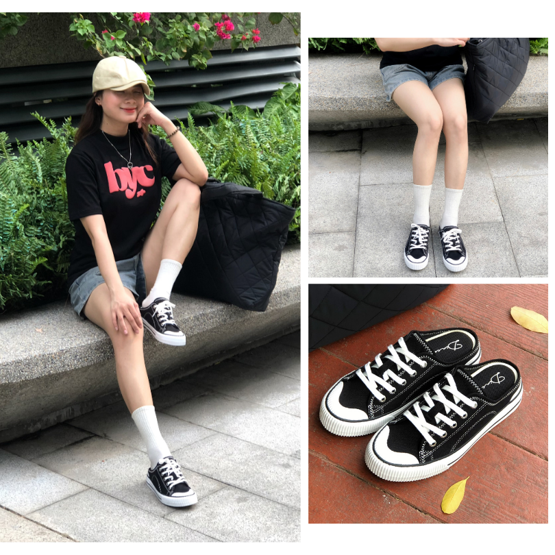 Mô tả Giày Sục Đạp Gót Mules Vải Sneaker Unisex Tăng Chiều Cao 4cm DINCOX E10 Black - 2