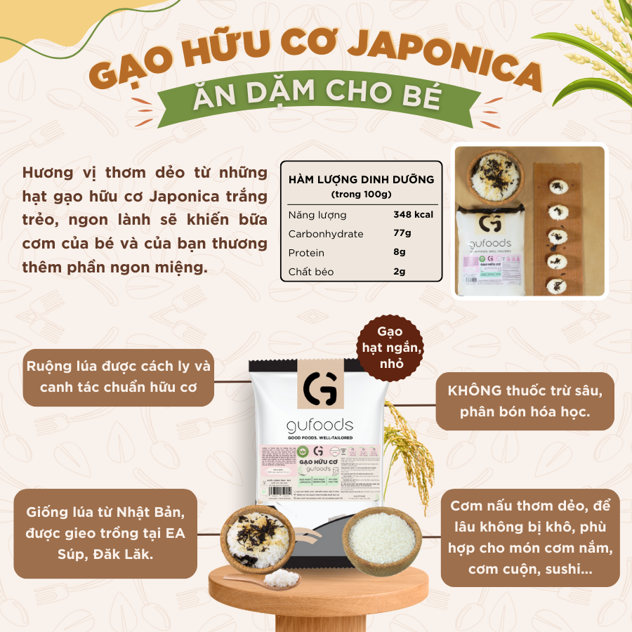 Mô tả Combo 3 túi Gạo sạch GUfoods (Mỗi túi 1kg) - Đài thơm / Japonica hữu cơ - Dẻo mềm, Thơm nhẹ, Ngon cơm - 5