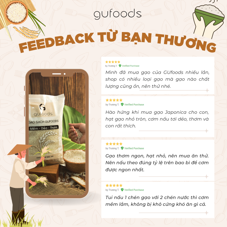 Mô tả Combo 3 túi Gạo sạch GUfoods (Mỗi túi 1kg) - Đài thơm / Japonica hữu cơ - Dẻo mềm, Thơm nhẹ, Ngon cơm - 9