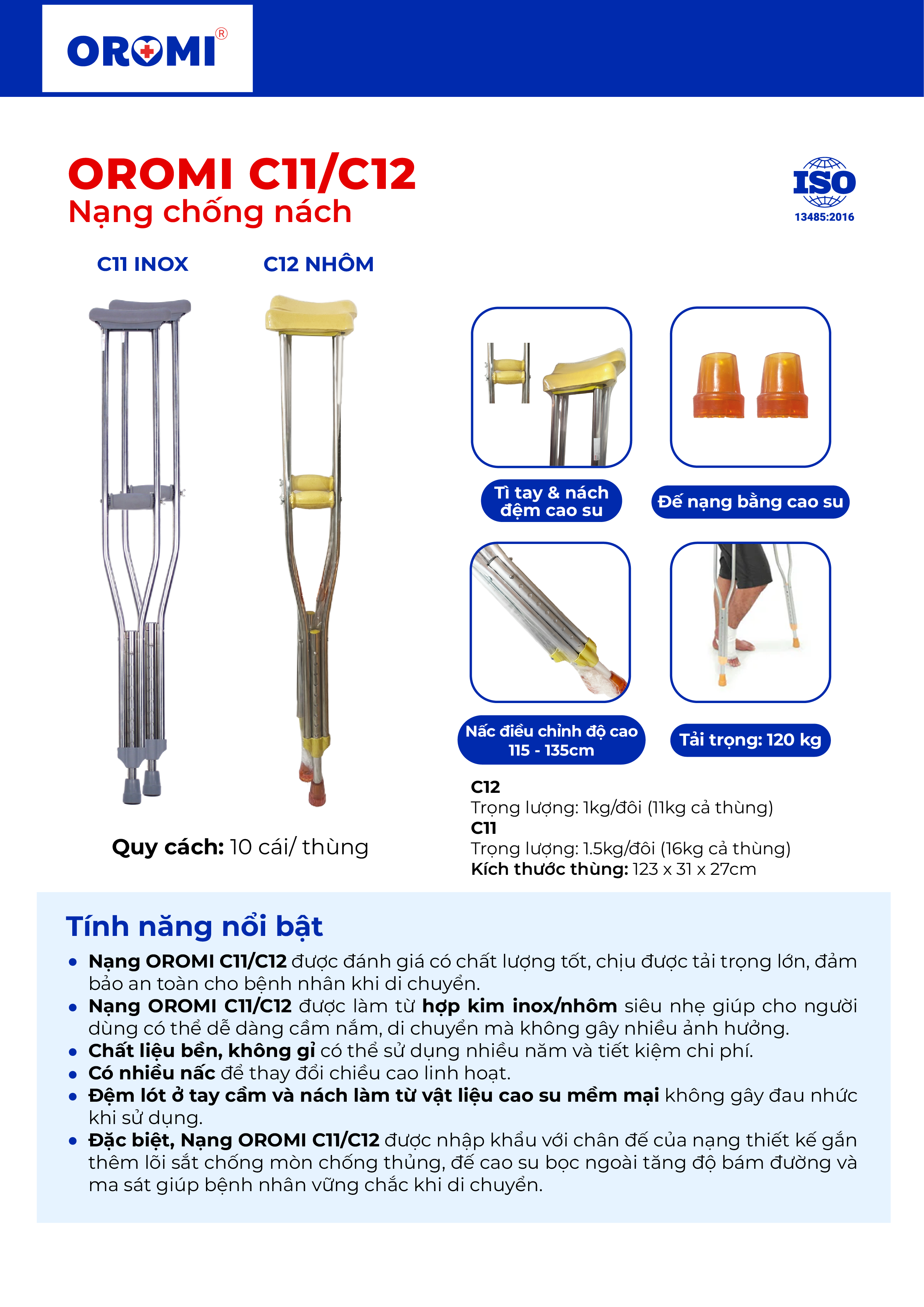 Mô tả Nạng chống nách OROMI C11/C12 nhập khẩu - Chất liệu inox/nhôm, cao su mềm - Dụng cụ hỗ trợ người khuyết tật - 1