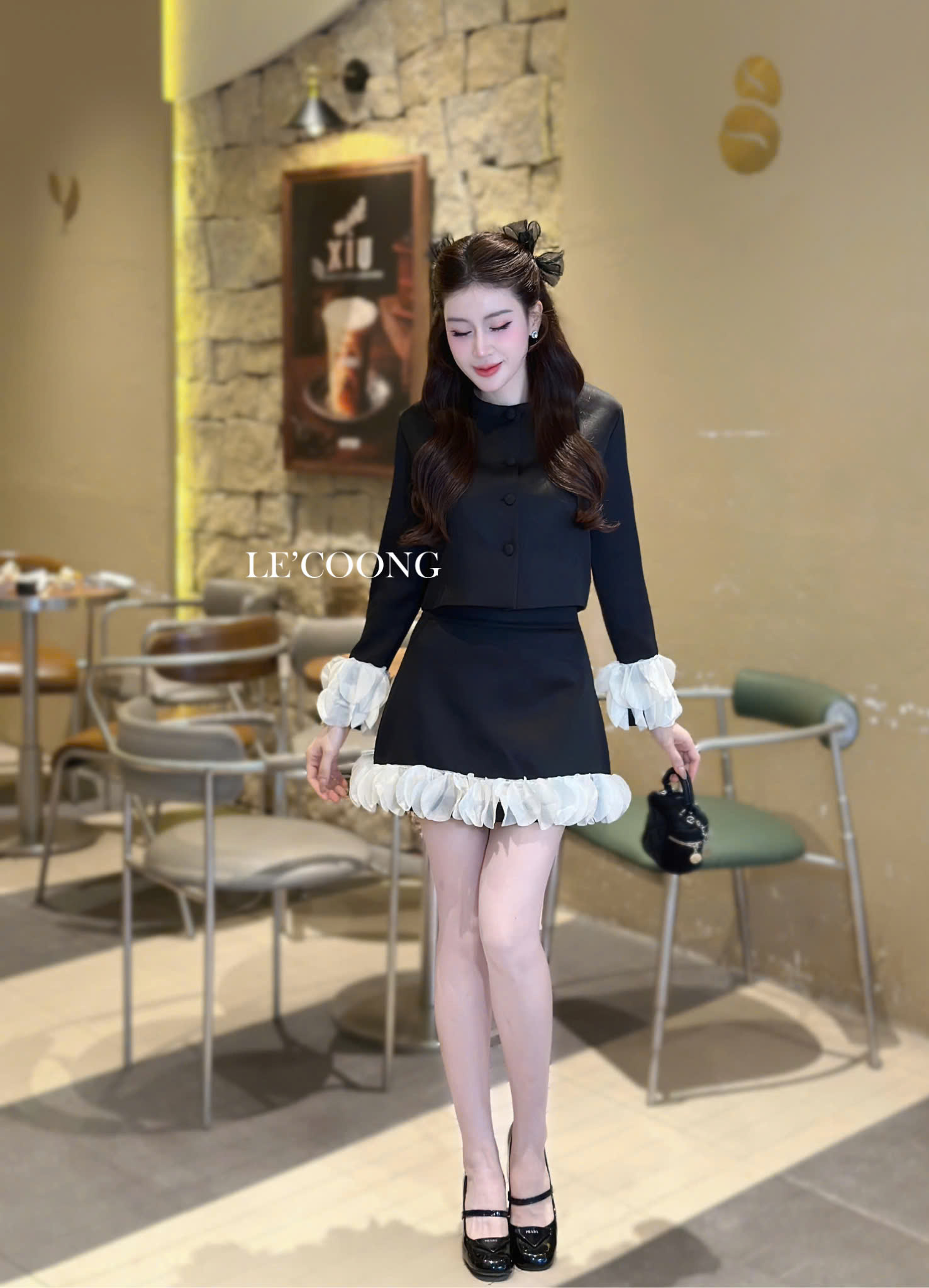 Mô tả Set Dáng Ngắn Phối Ren Trắng LECOONG B180 Đầm Tiểu Thư Sang Chảnh Màu Đen - 5