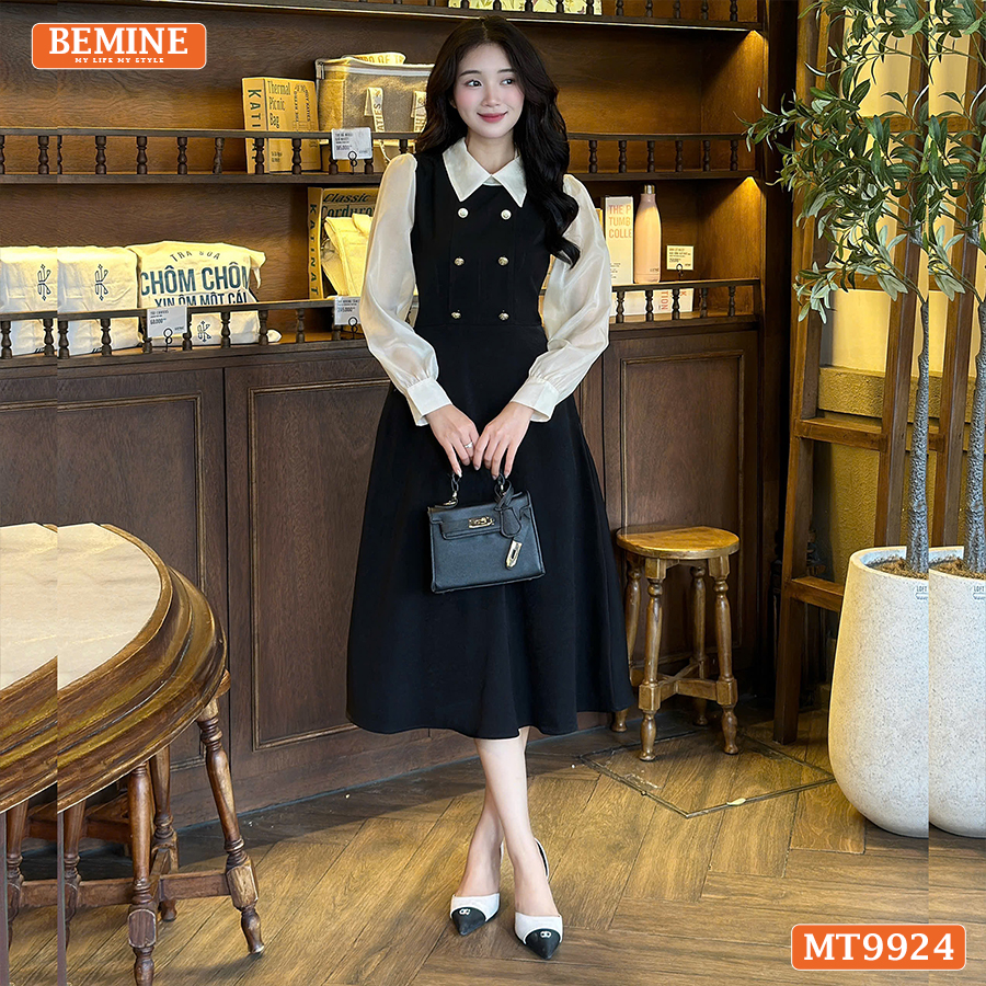 Mô tả Đầm thiết kế BEMINE cổ đức dáng chữ A tay dài phối voan có cúc phù hợp đi làm, đi chơi-MT9924 - 1