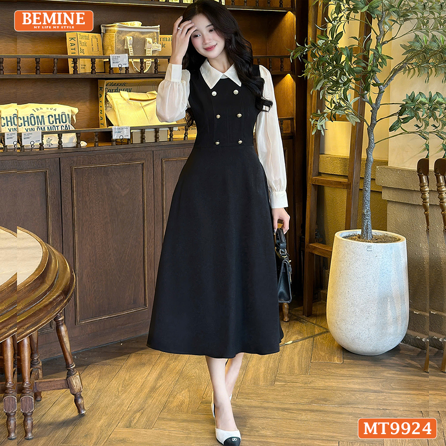 Mô tả Đầm thiết kế BEMINE cổ đức dáng chữ A tay dài phối voan có cúc phù hợp đi làm, đi chơi-MT9924 - 2