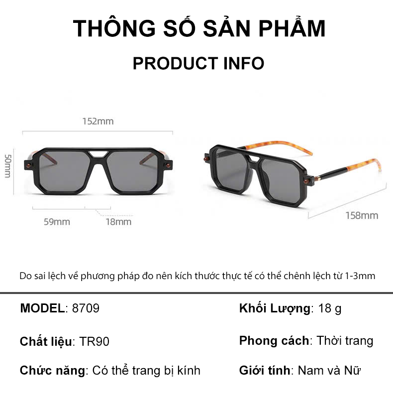 Mô tả Gọng kính cận thời trang nam nữ ANDU dáng vuông phi công chống tia UV chất liệu nhựa cá tính - 8709 - 2
