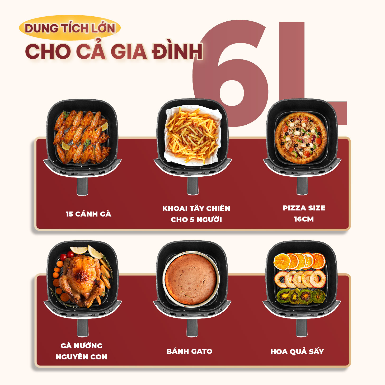 Mô tả Nồi chiên không dầu Masuto MSQueen 6L màn hình cảm ứng đốt 2 tầng đối lưu không cần trở lật - 9